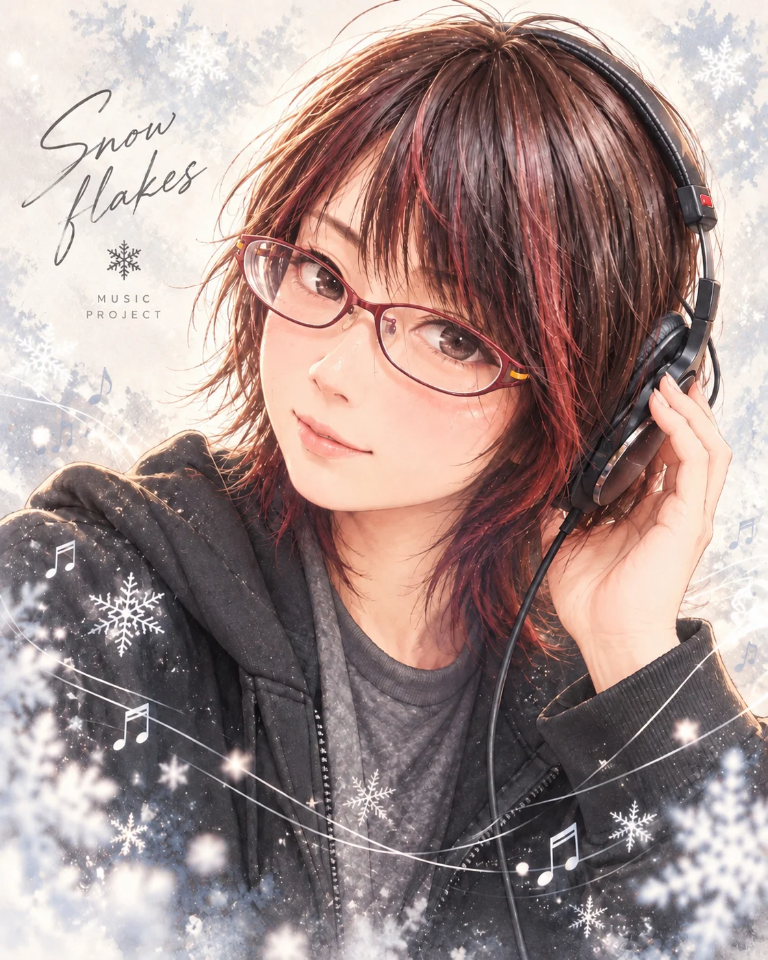 山吹ことり（ヘッドホンを当てて微笑む、雪と音符のポートレート）